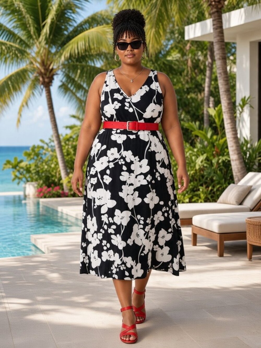 Dip Floral Midi Dress Sz XL Black White V-Neck Sleeveless Viscose